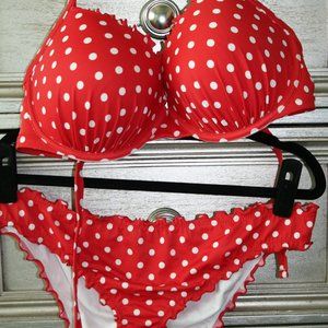 Shade & Shore Red & White Polka Dot Bikini 36DD / L